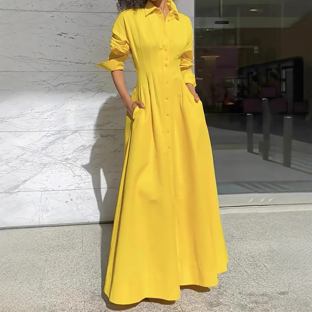 Elegant Loose Single-Breasted Slit Shirt Dress Long Dress