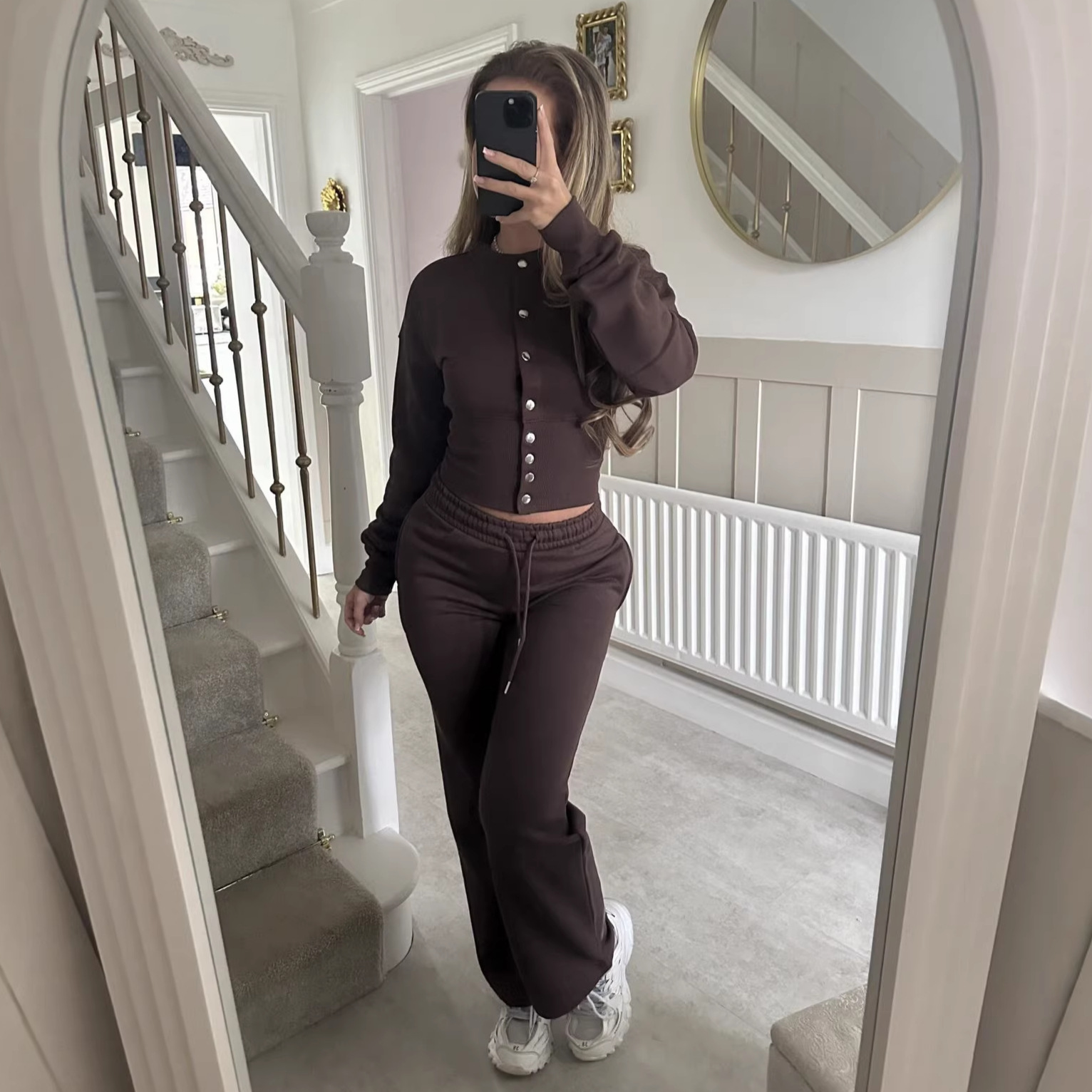 Women's Solid Button-Front Cardigan and Straight-Leg Pants Set
