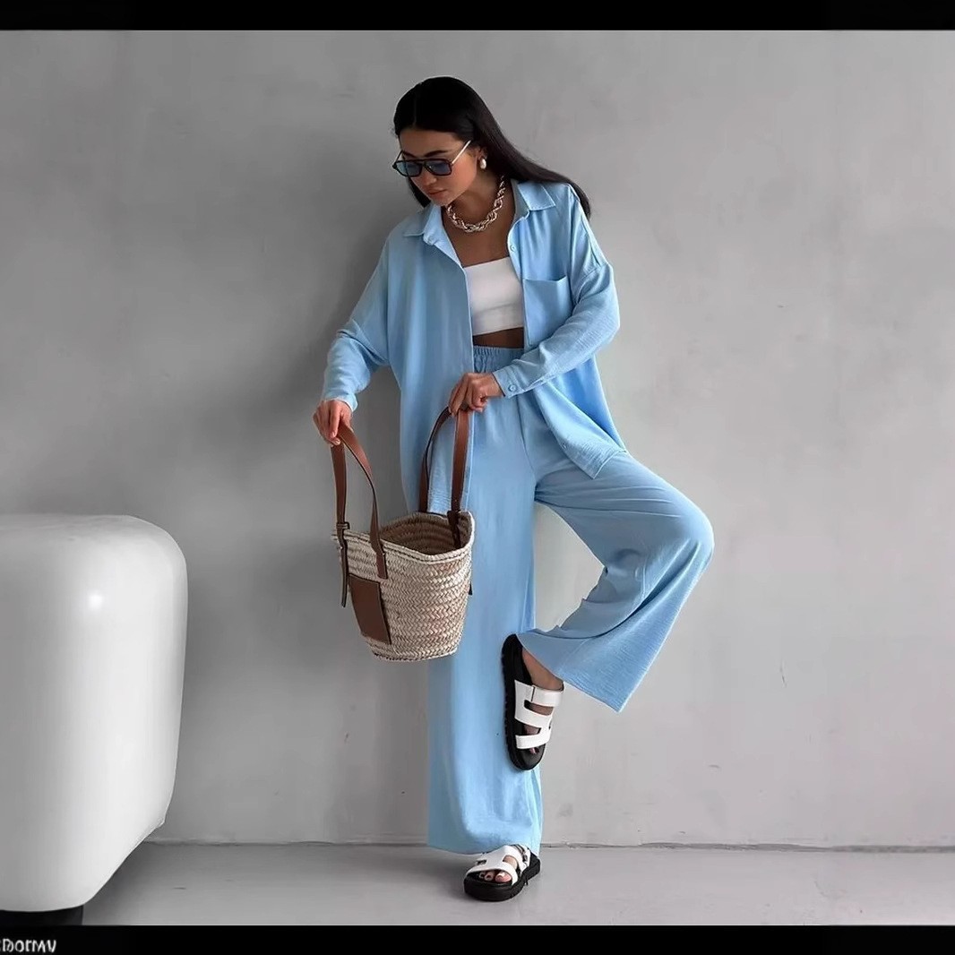Women's Solid Color Cardigan and Wide-Leg Pants Set with Pockets