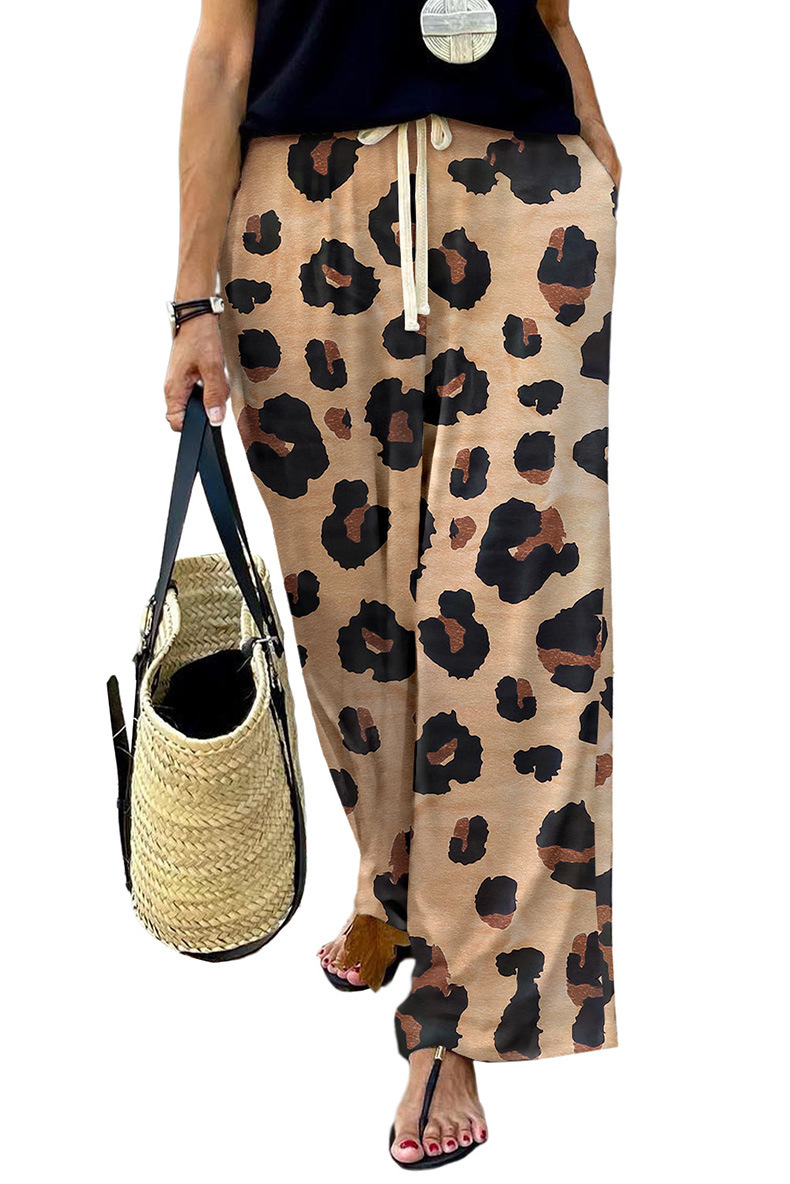 Leopard Print Wide-Leg Pants for Women High Waist Drawstring Casual Trousers