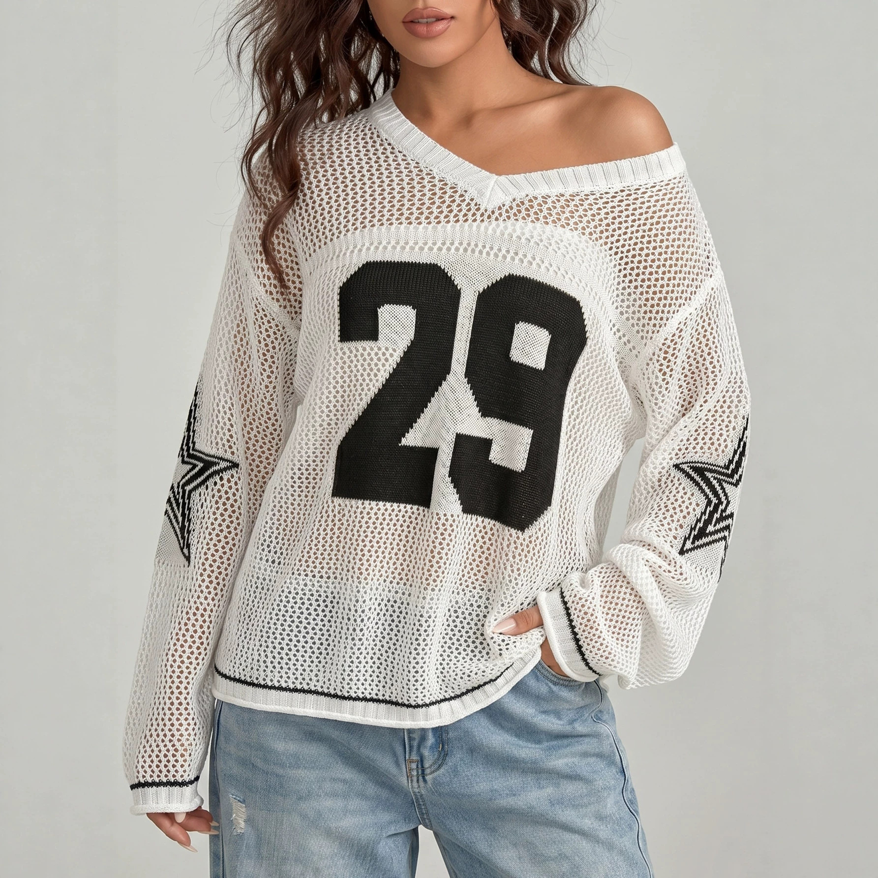 Women's Sheer Open-Knit V-Neck Long-Sleeve Jersey Cover-Up Tee