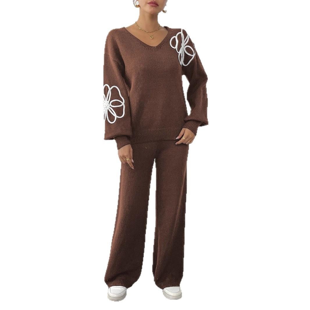 Women's Floral Embroidered V-Neck Sweater and Straight Pants Two-Piece Set
