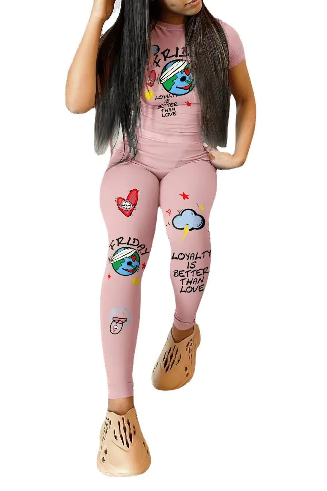 Women's Graphic Print Slim Fit Long Pants Set