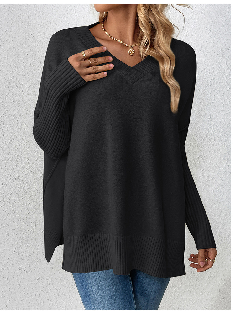 Women's V-Neck Pullover Sweater Lazy Style Patchwork Long Sleeve Knit Top