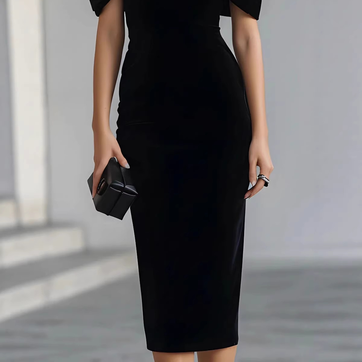 Off-Shoulder Gold Velvet Bodycon Midi Dress