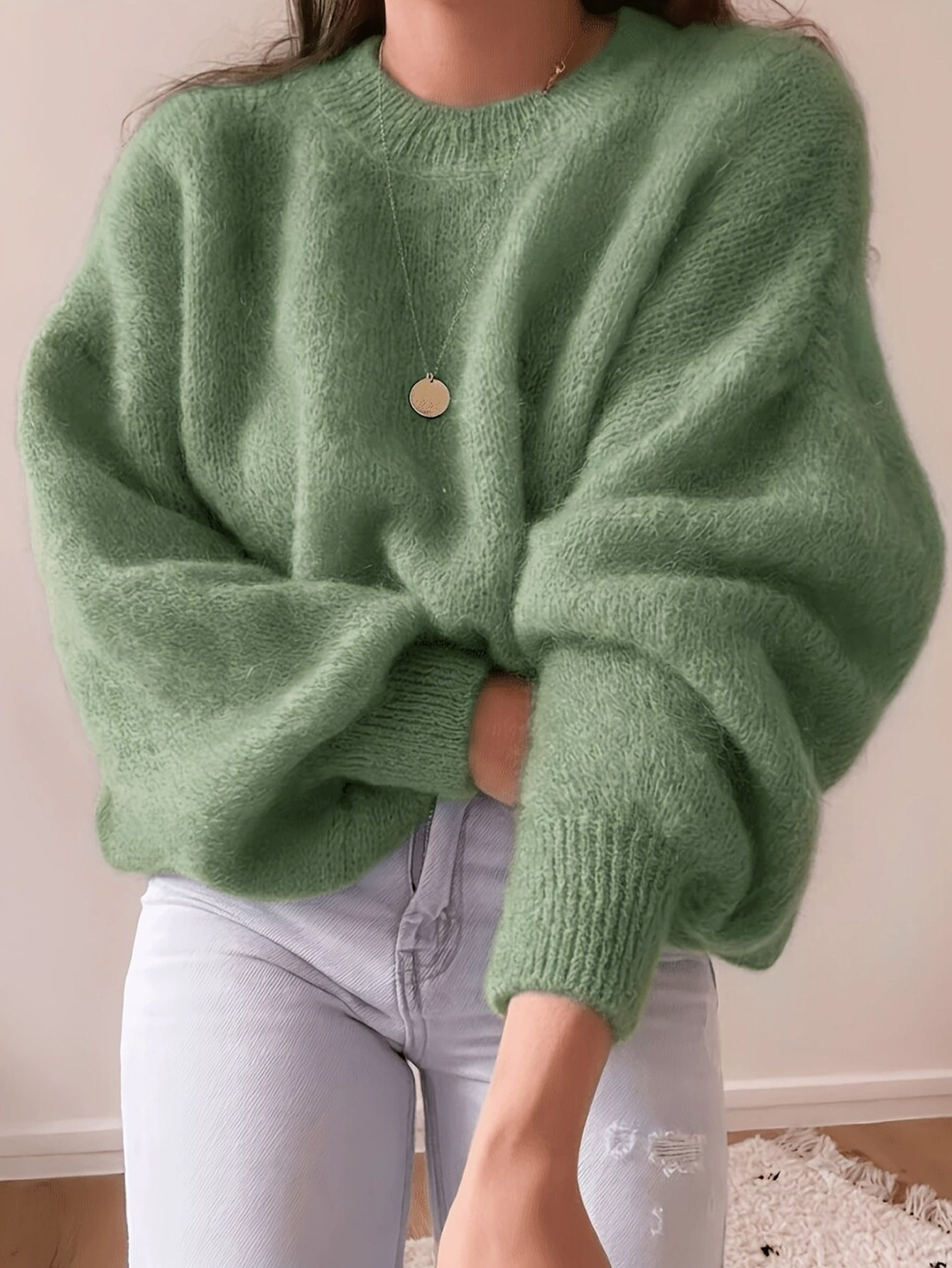 Women's Solid Color Lantern Sleeve Knit Pullover Sweater Loose Fit
