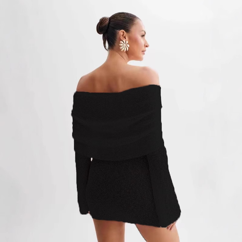 Sheer Knit Off-Shoulder Long-Sleeve Mini Bodycon Dress