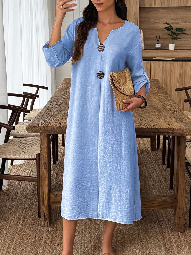 Women's Casual V-Neck Long Sleeve Cotton-Blend Solid Color Long Dress
