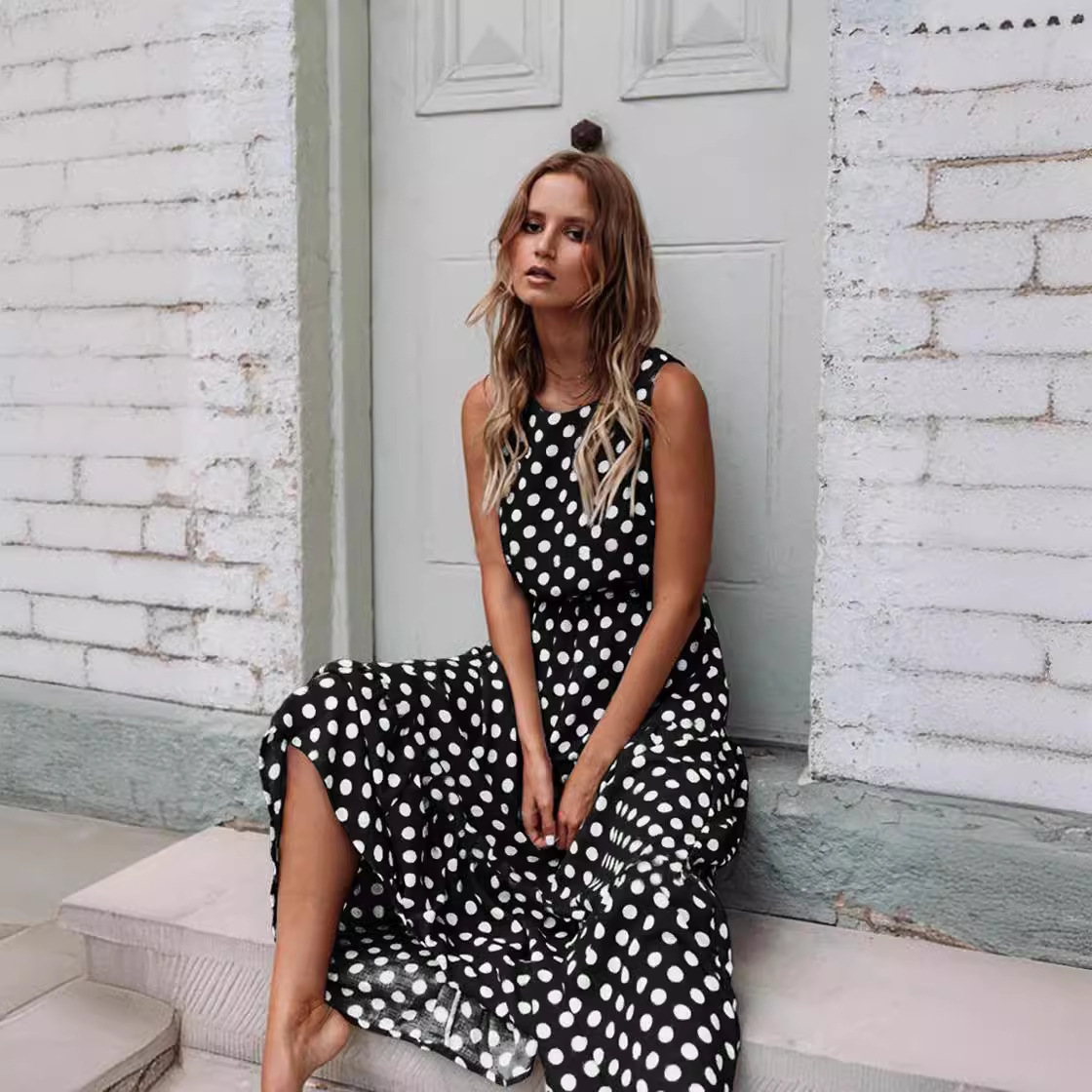 Sweet Polka Dot Sleeveless Midi Dress