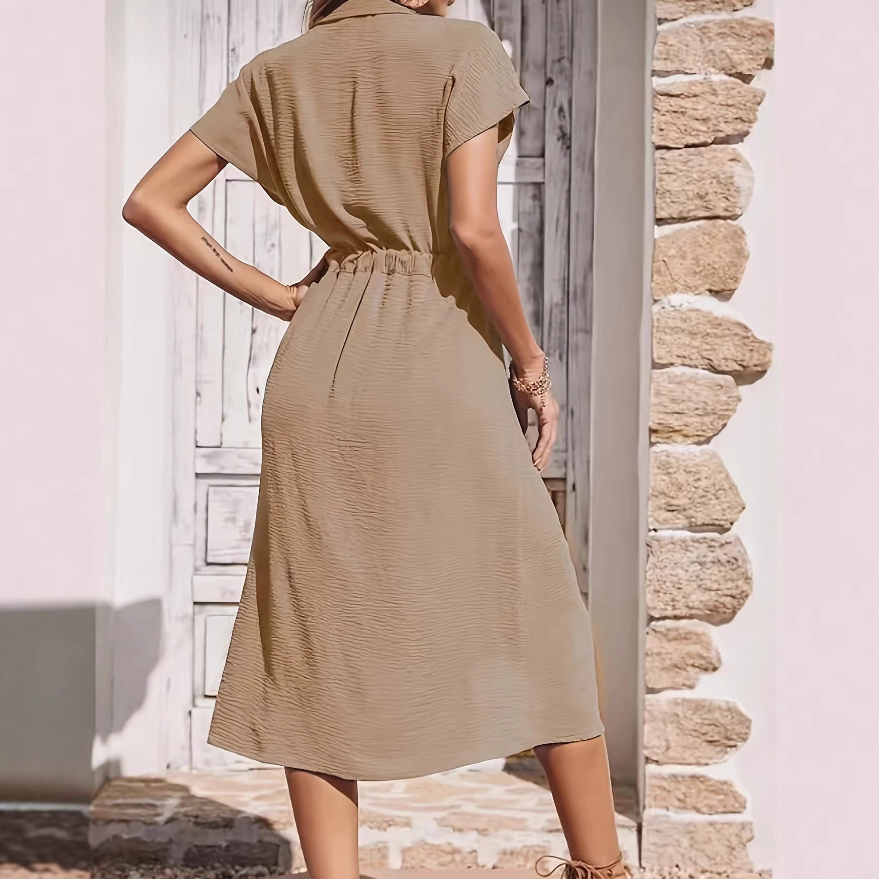 Women's Tie-Waist Polo Shirt Dress Short Sleeve A-Line Midi