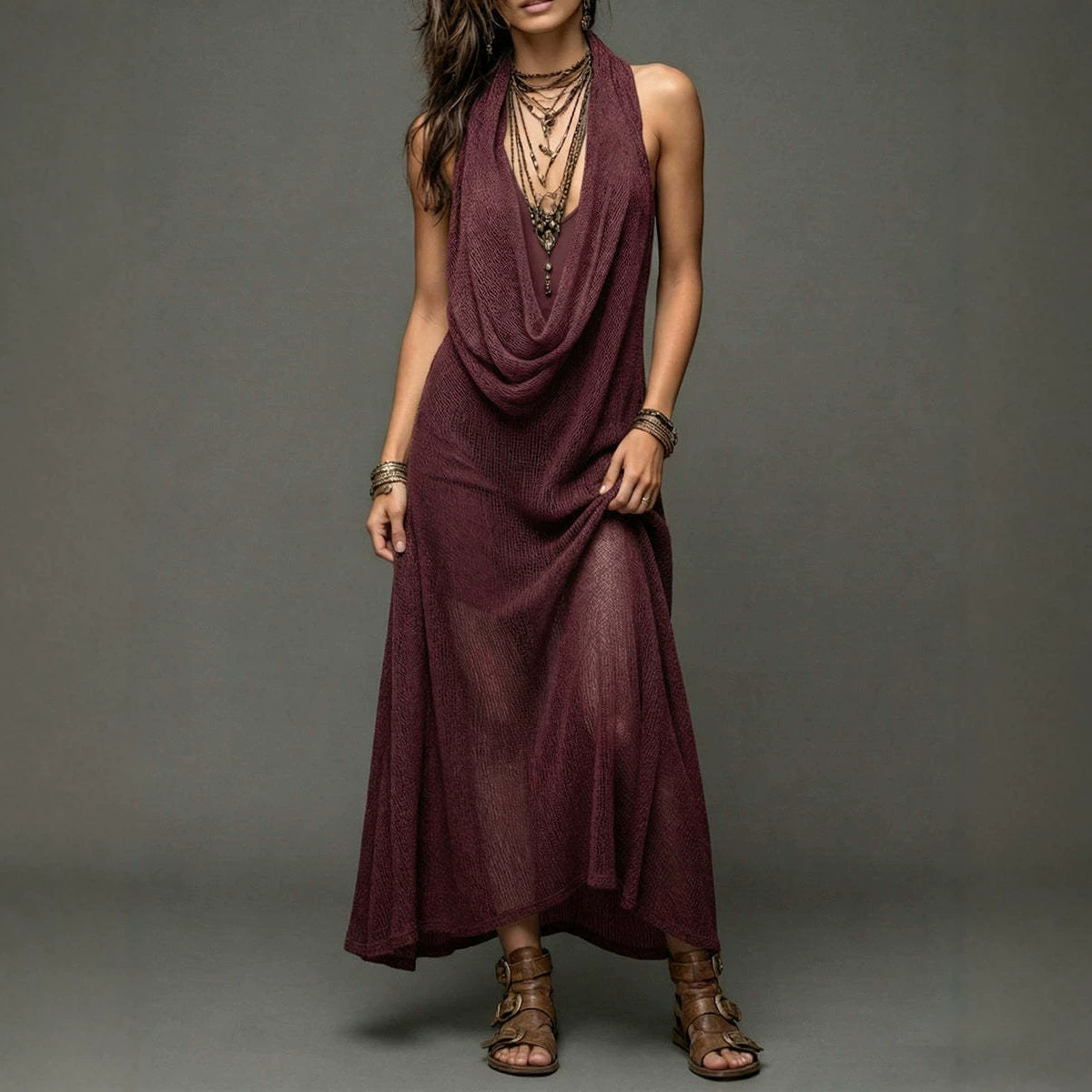Bohemian Halter Knit Maxi Dress Two-Piece Set