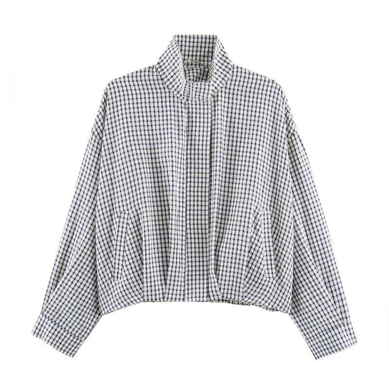 Women's Casual Plaid Zip-Up Jacket with Stand Collar and Long Sleeves