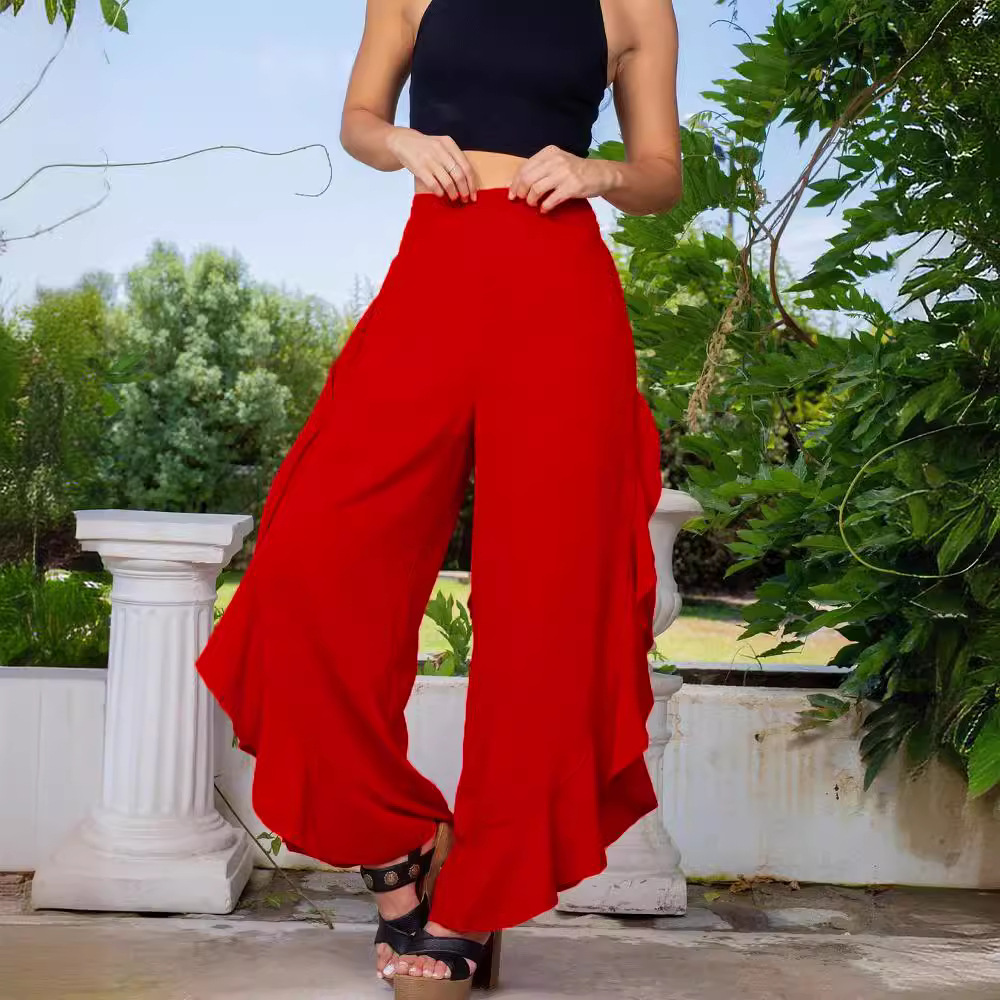 Solid Ruffle Wide-Leg Elastic Waist Casual Pants for Women