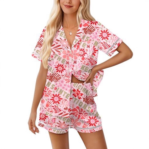 Women's Cuban Collar Short Sleeve Shirt Set Floral Solid Casual