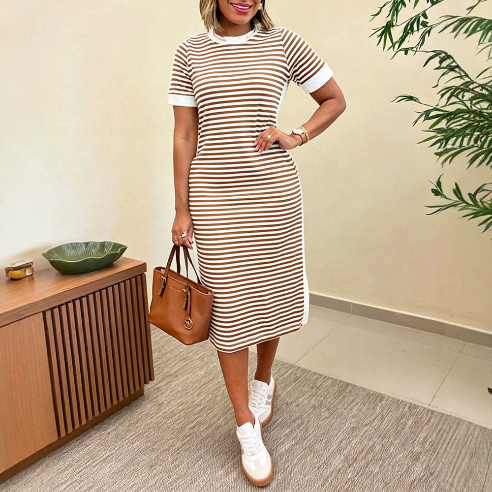 Women's Striped Round Neck Slit Casual Dress