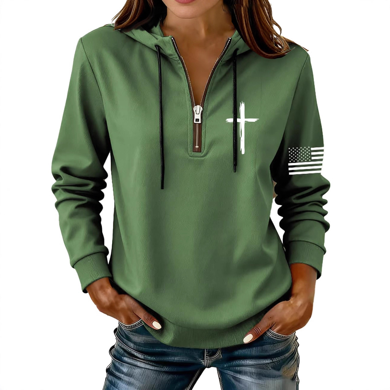 Cross & American Flag Print Half-Zip Hoodie