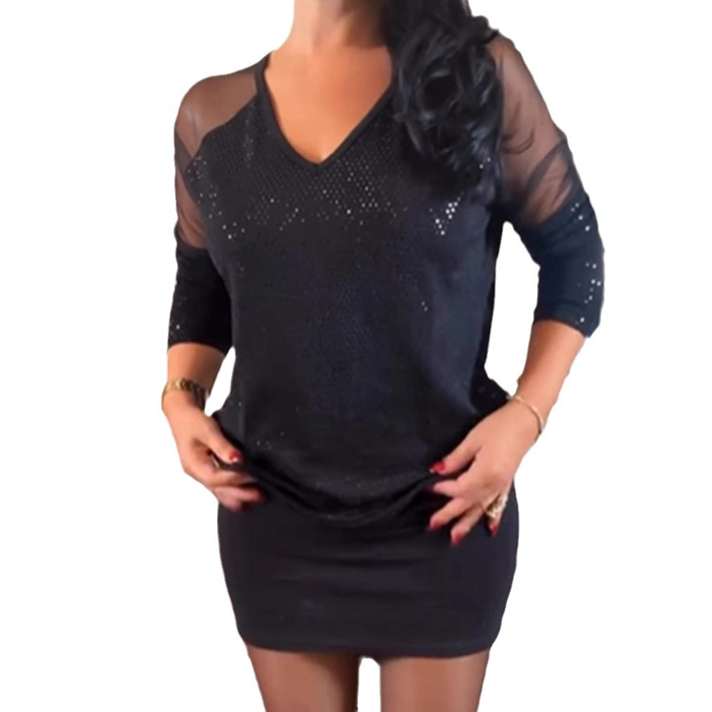 Solid Sequin V-Neck Long Sleeve Bodycon Dress