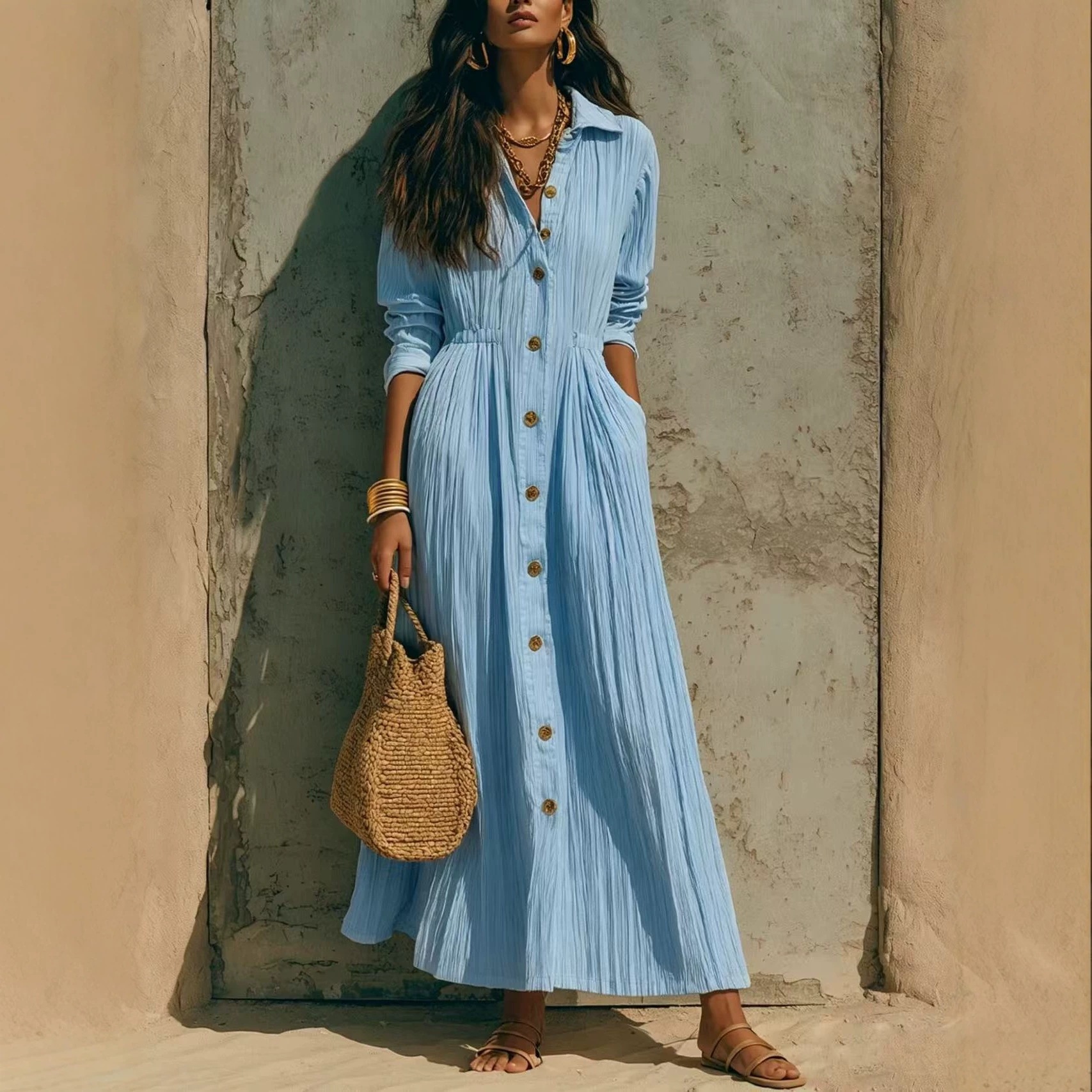 Single-Breasted Multi-Button Pleated Solid Color Long Sleeve Dress