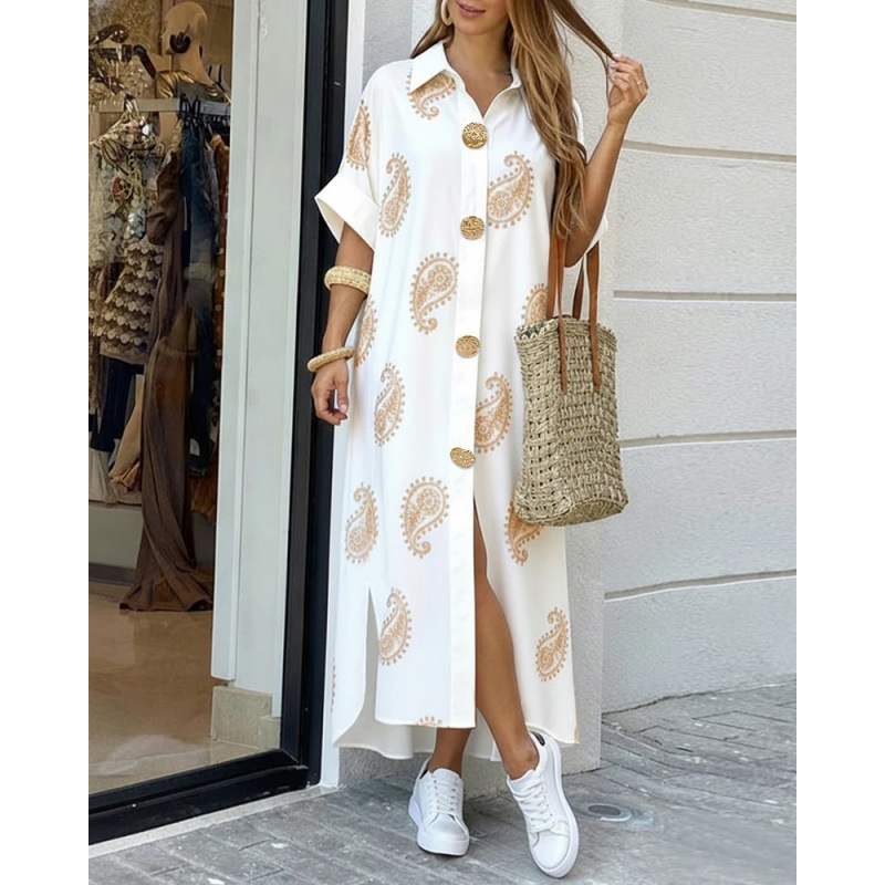 Printed Shirt Dress with Asymmetric One-Shoulder and High Collar