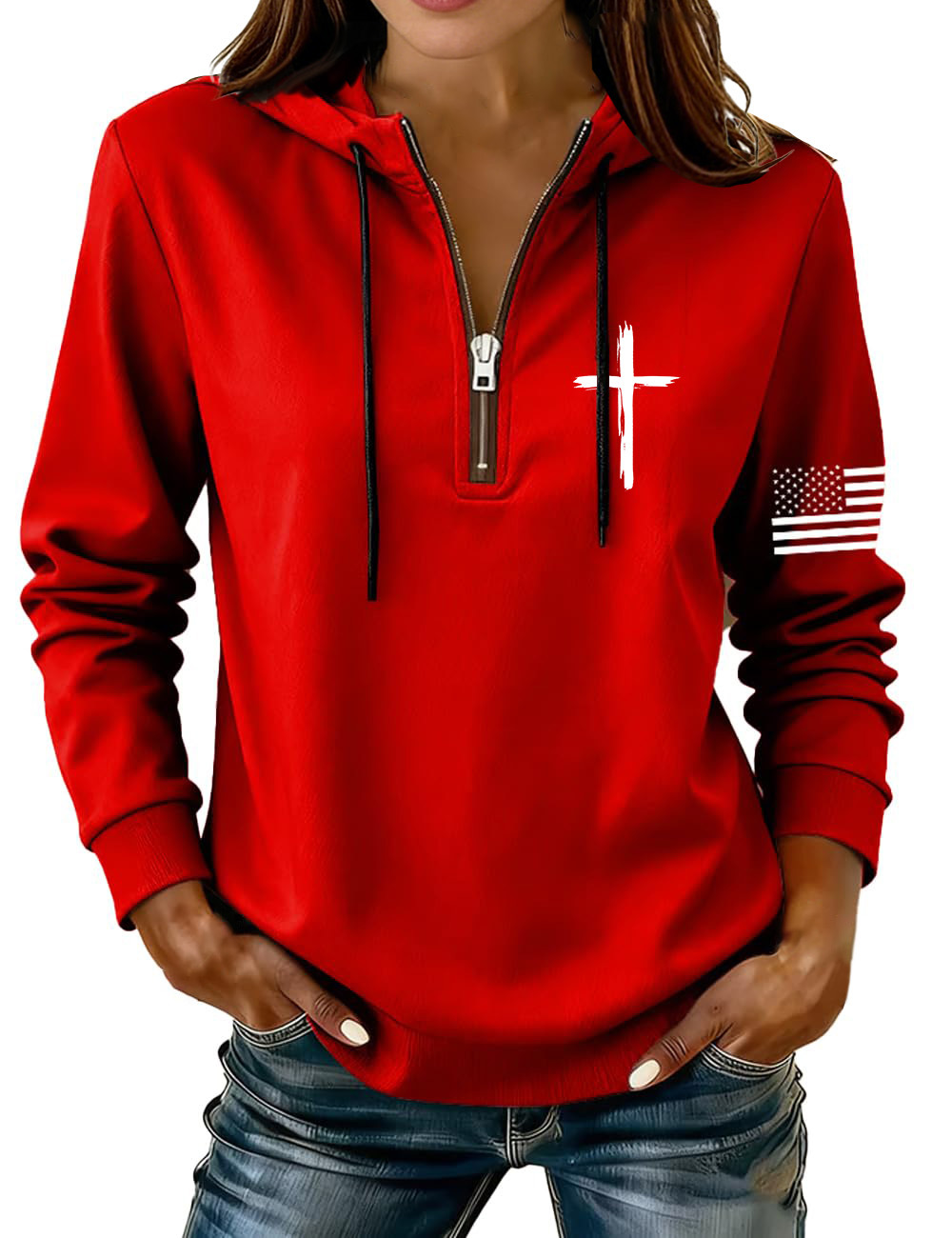 Cross & American Flag Print Half-Zip Hoodie