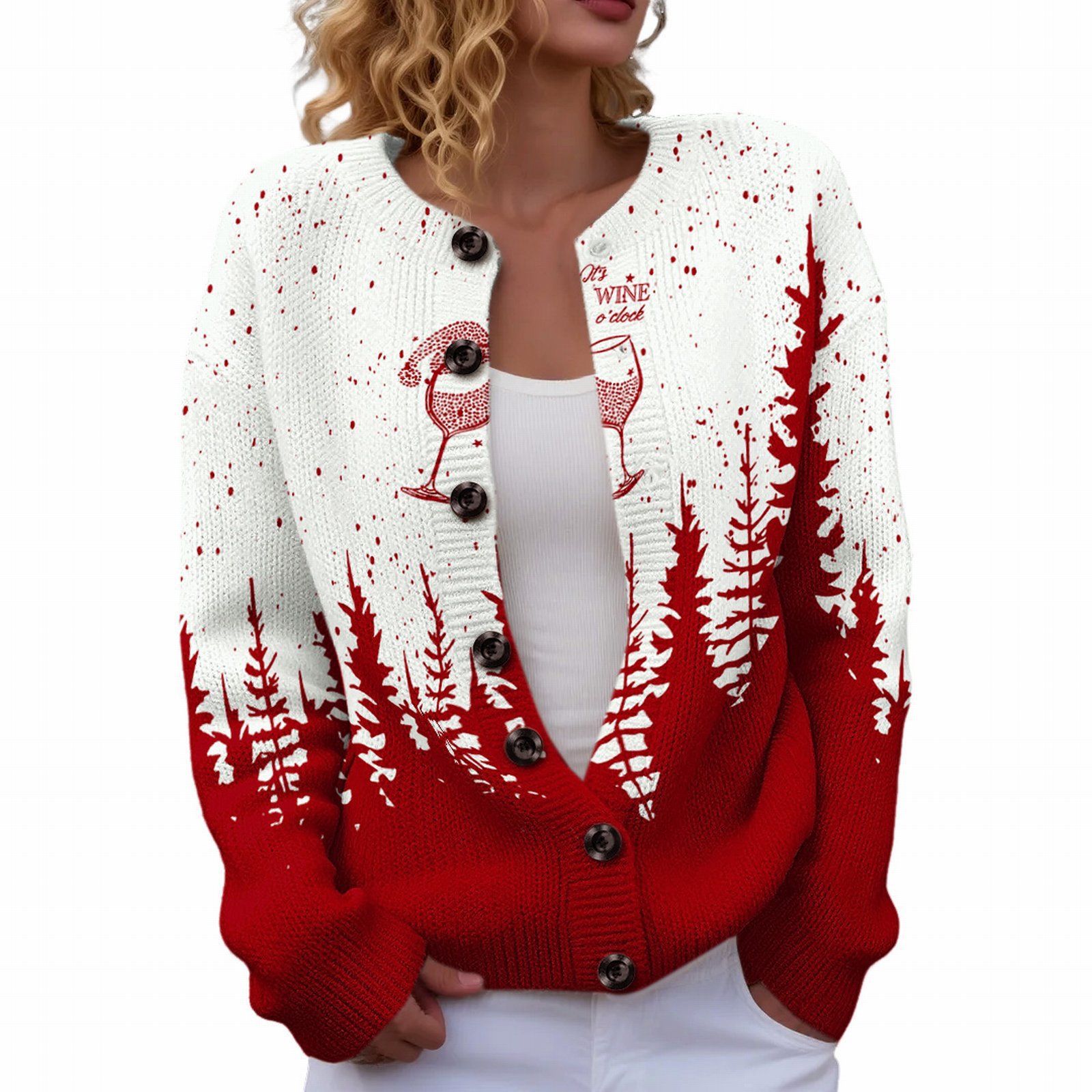Women's Christmas Reindeer Forest Print Button Cardigan Sweater