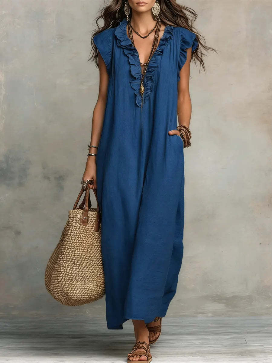 Women's Solid Ruffle Deep V-Neck Sleeveless Loose Casual Dress