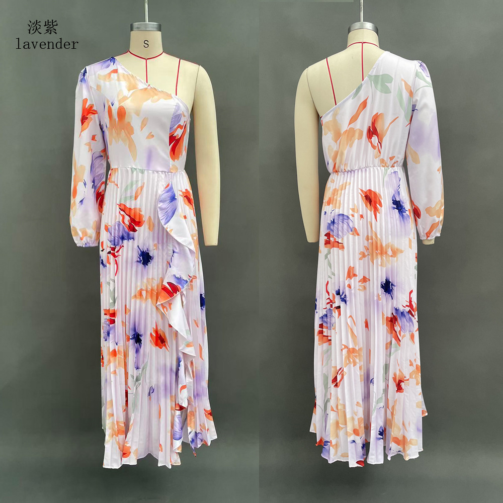 Women's Floral Print Off-Shoulder Long Dress with Irregular Slit and Pleated Details
