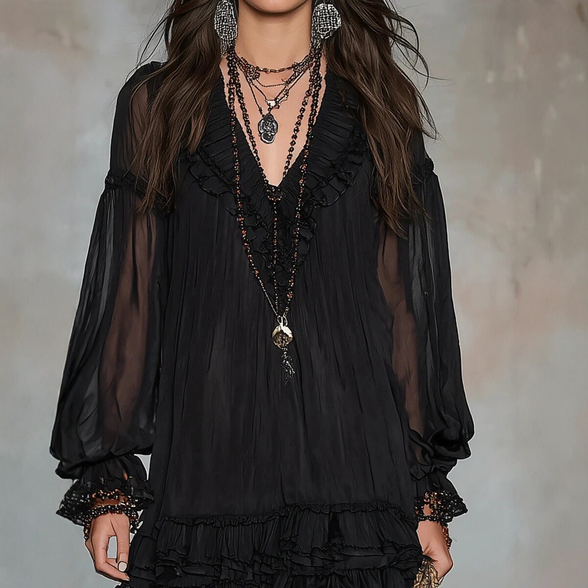 V-Neck Cinched Waist Ruffle Pleated A-Line Mini Dress