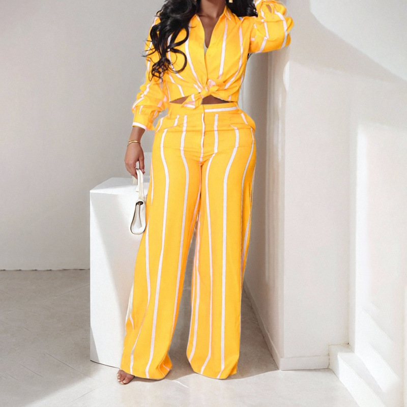 Striped Collared Shirt and Pants Set Casual Two-Piece