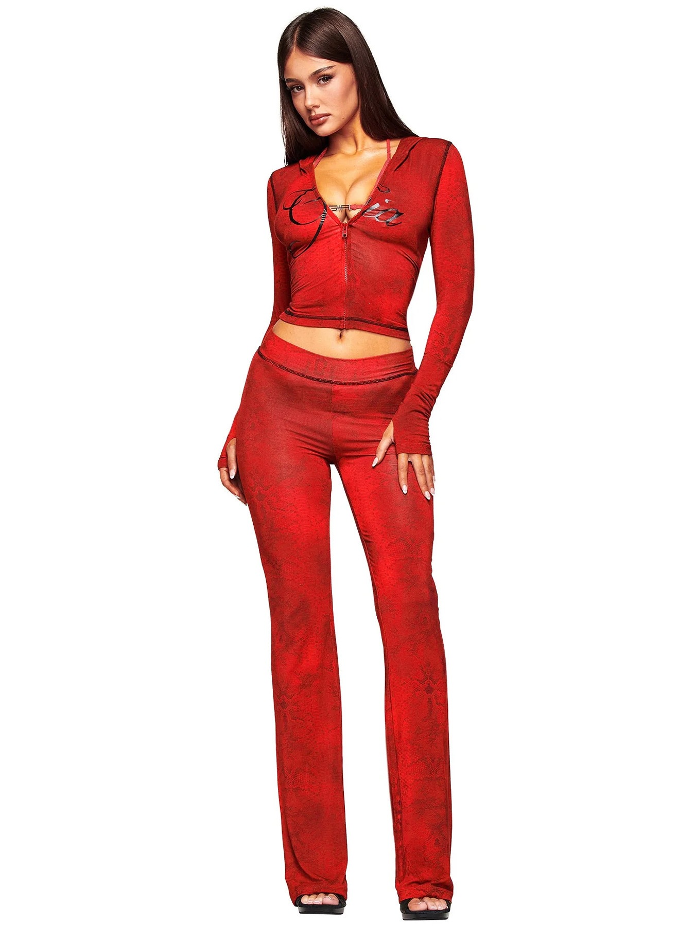 Women's Printed Hooded Long-Sleeve Thumbhole Two-Piece Set with Flared Pants