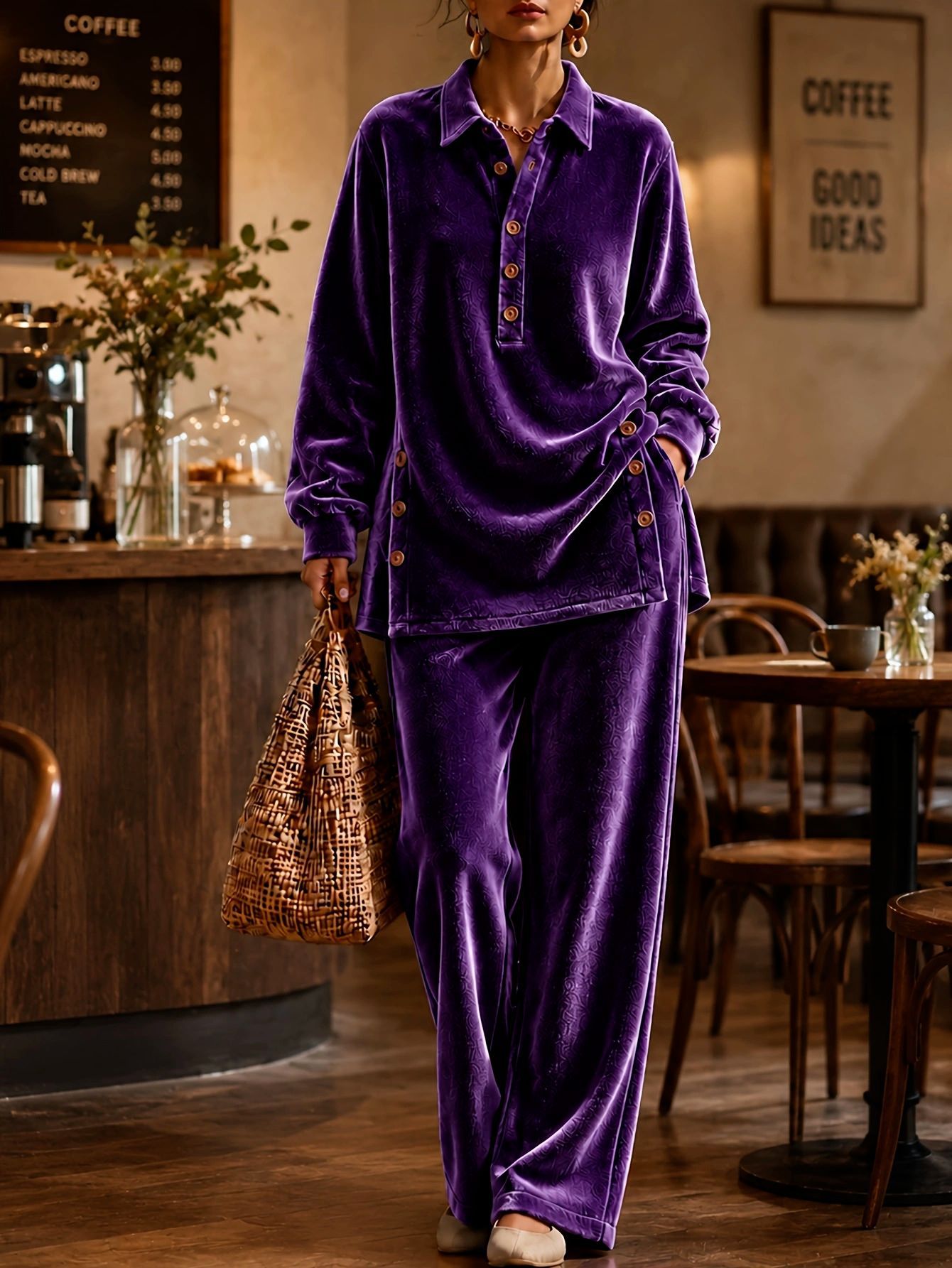 Women's Velvet Long Sleeve Top and Pants Set