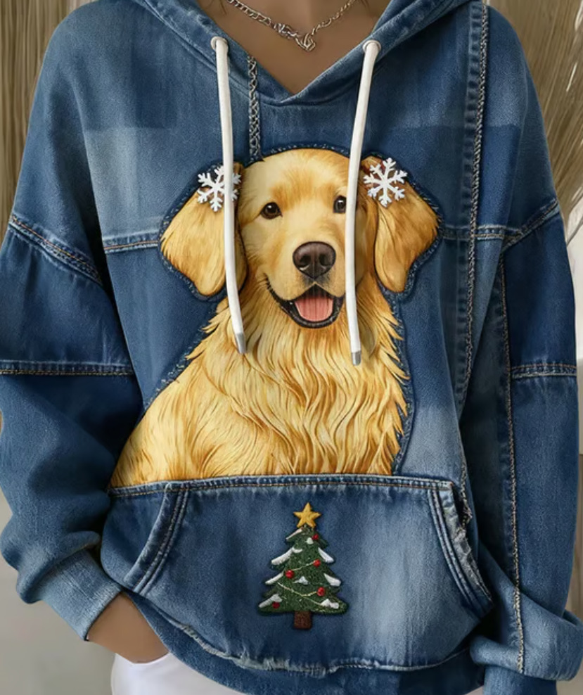 Women's Christmas Dog & Tree Print Hoodie
