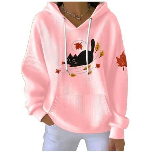 Women's Cat & Maple Leaf Print Casual Hoodie