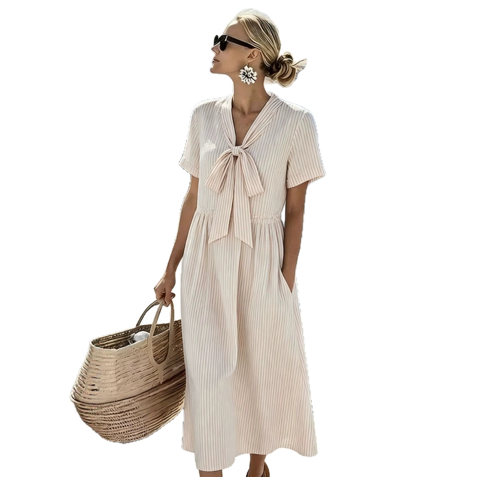 Women's Bow Casual Dress with Minimalist Print