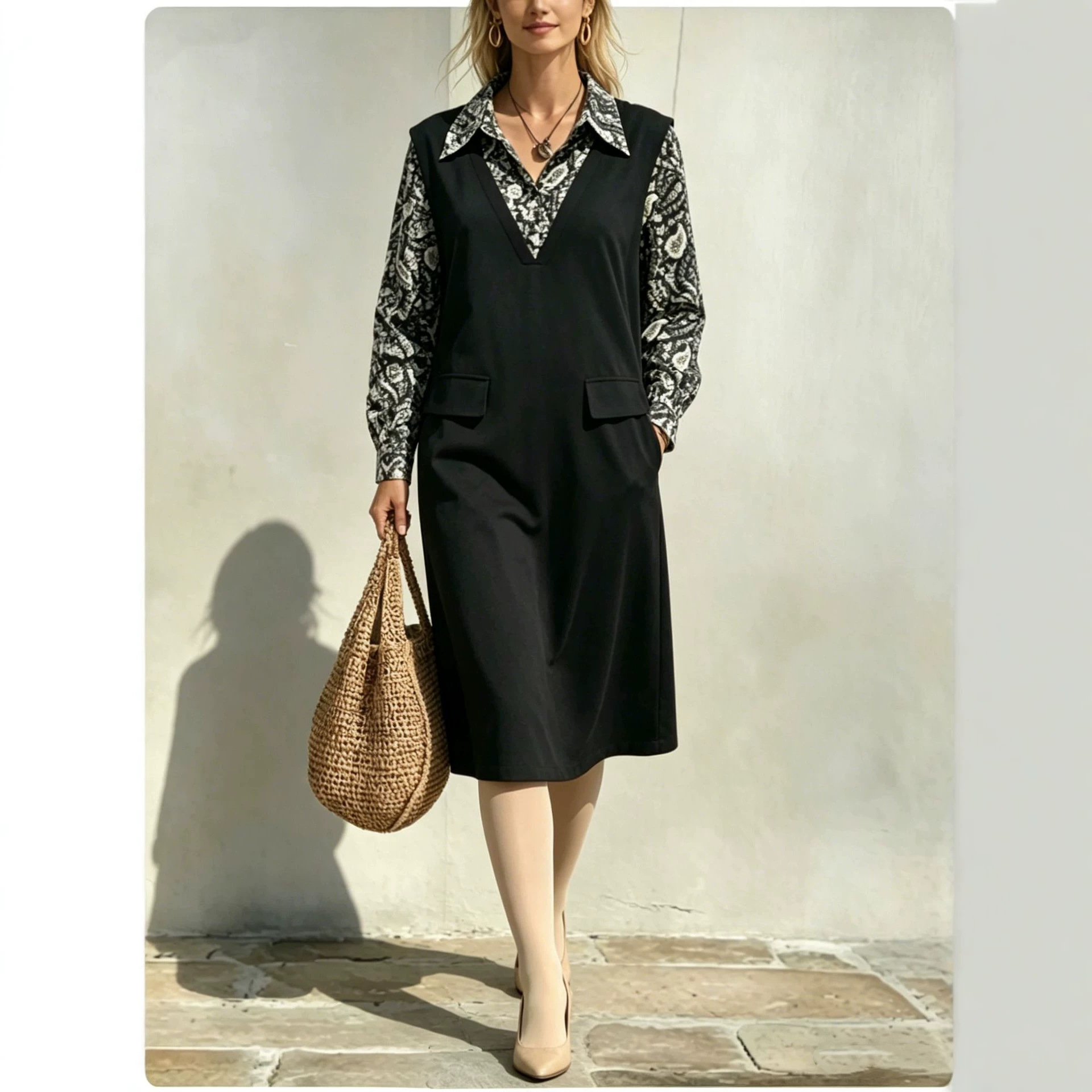 Women's Plus Size Colorblock Faux Two-Piece Long Sleeve Midi Dress