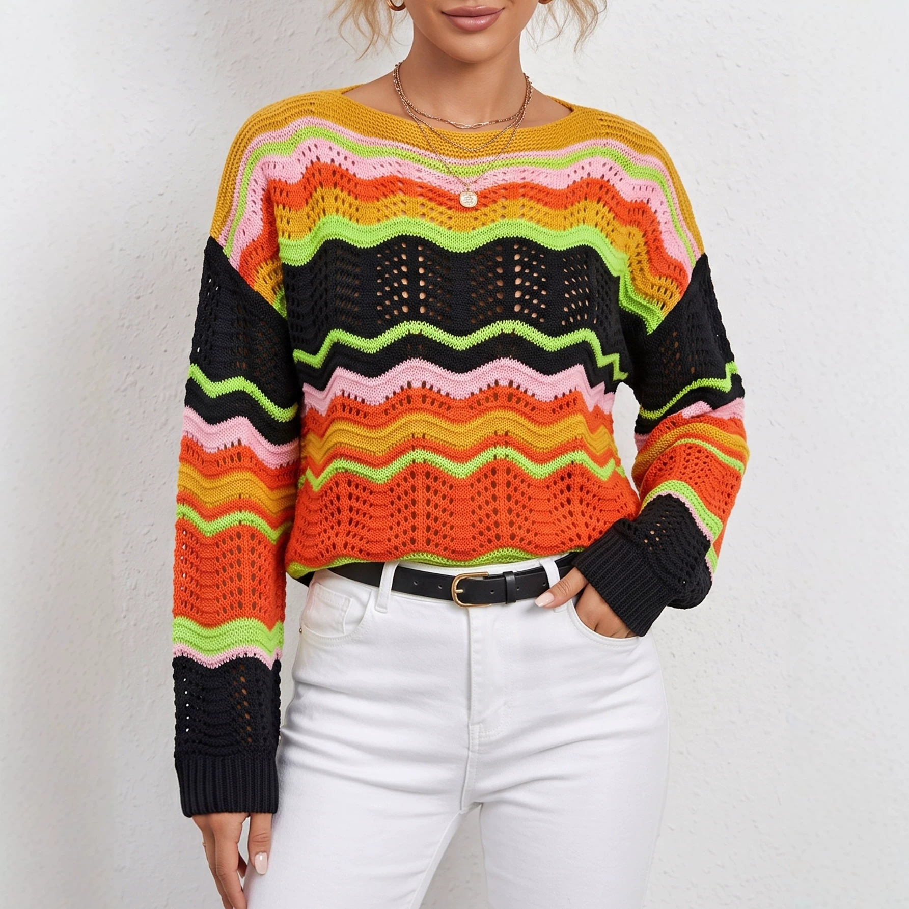 Women's Rainbow Striped Color-Block Open-Knit Pullover Sweater