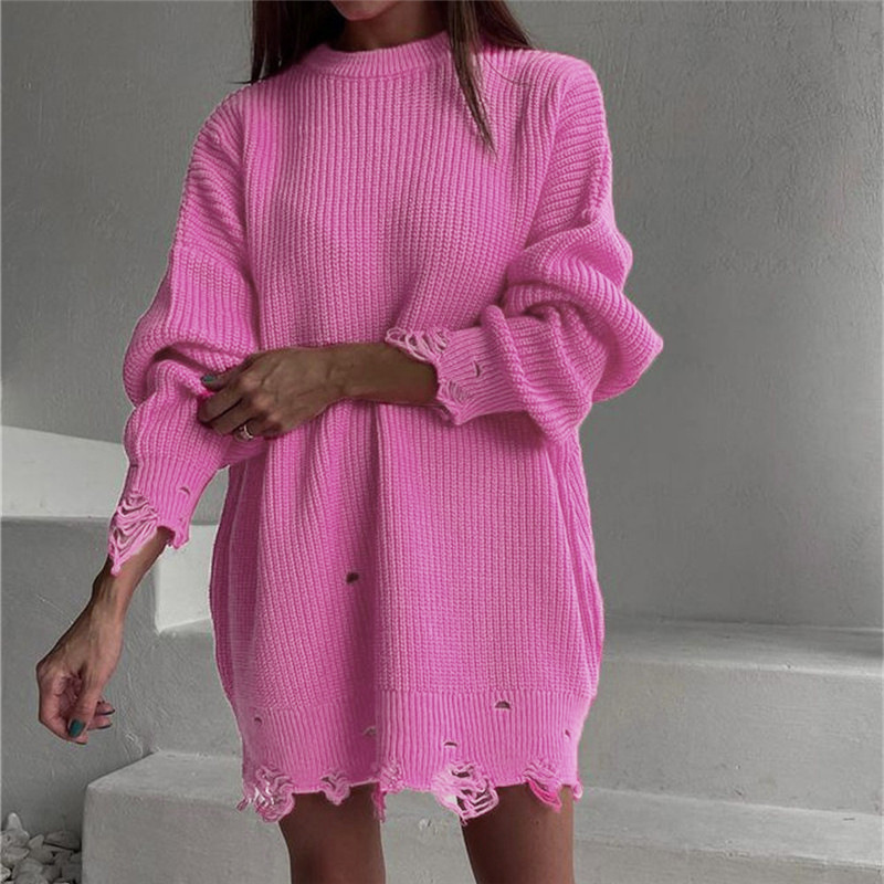 Loose Solid Color Distressed Crewneck Pullover Sweater Long Sleeve Mid-Length