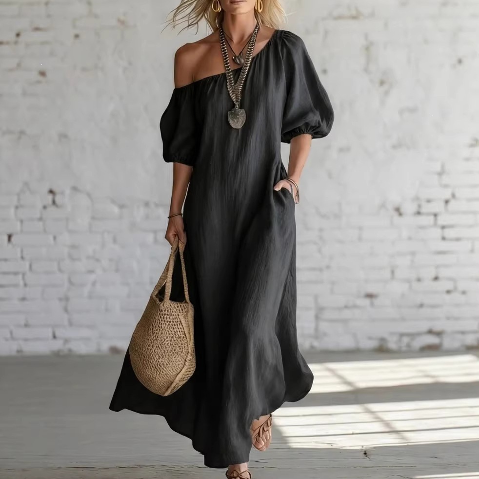 Women's Solid Color Loose One-Shoulder Long Cotton-Linen Dress