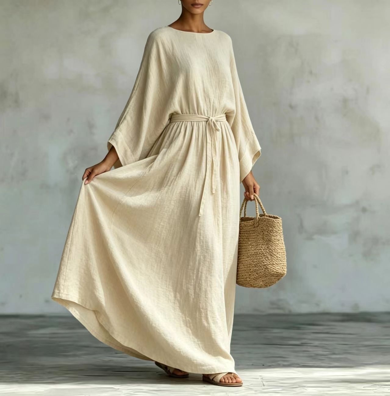 Lazy Style Cotton-Linen Tie-Waist Wide-Sleeve Maxi Dress