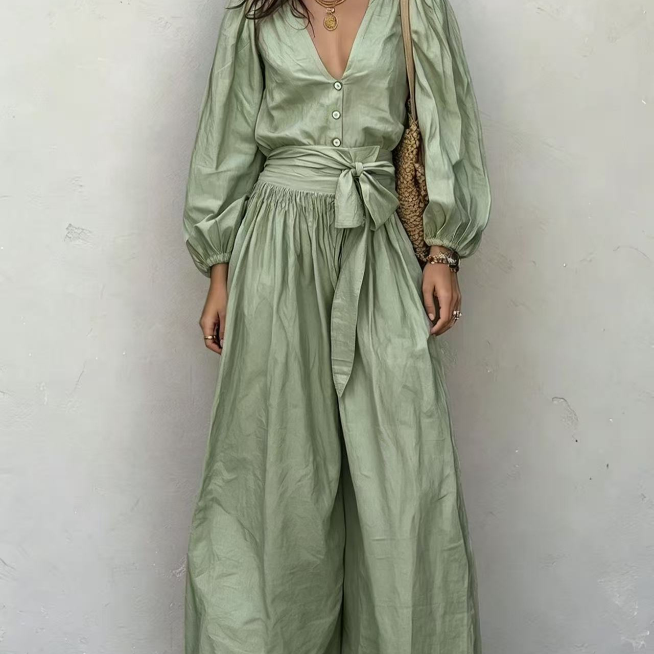 V-Neck Long-Sleeve Tie-Waist Pleated Pants Set