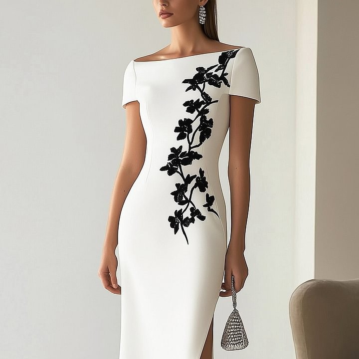 Women's Off-Shoulder Short-Sleeve Digital Print Maxi Dress