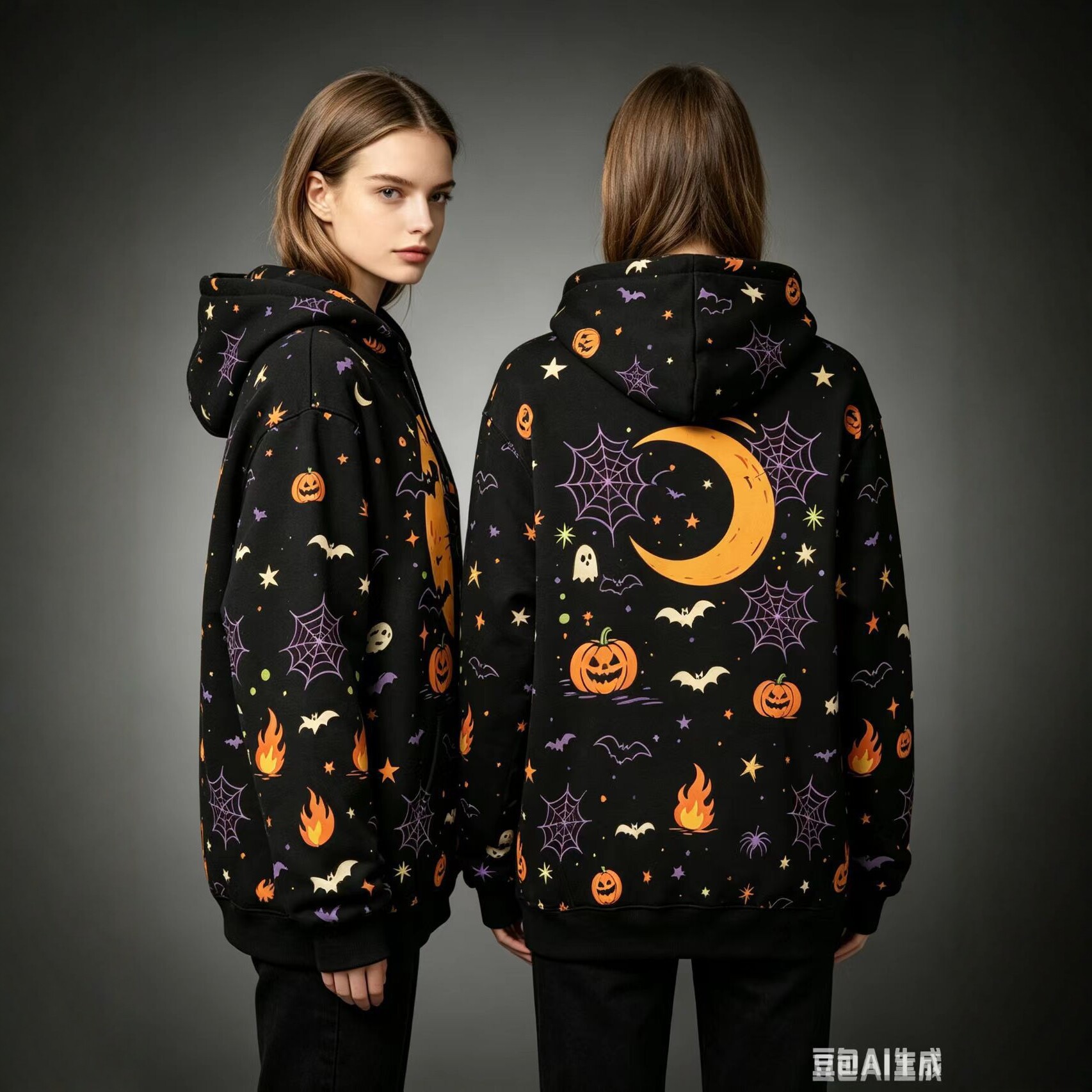 Women's Halloween Print Hoodie Cat Ghost Pullover