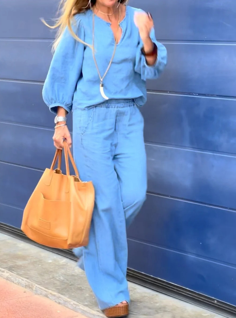 Women's Cotton-Linen V-Neck Long-Sleeve Top & Straight-Leg Pants Set