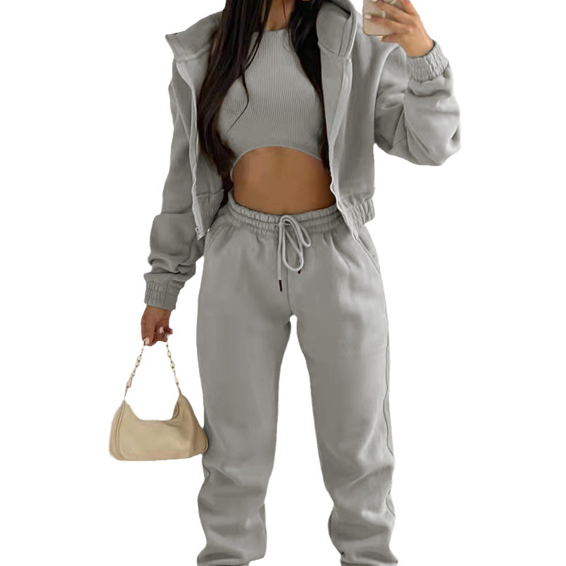Women's Solid Color Hooded Sweatshirt and Pants Three-Piece Set