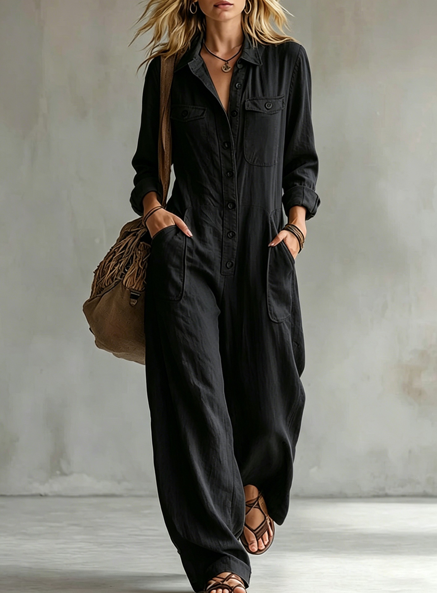 Women's Linen-Blend Cargo Jumpsuit with Collar, Long Sleeve, Wide Leg, Loose Fit