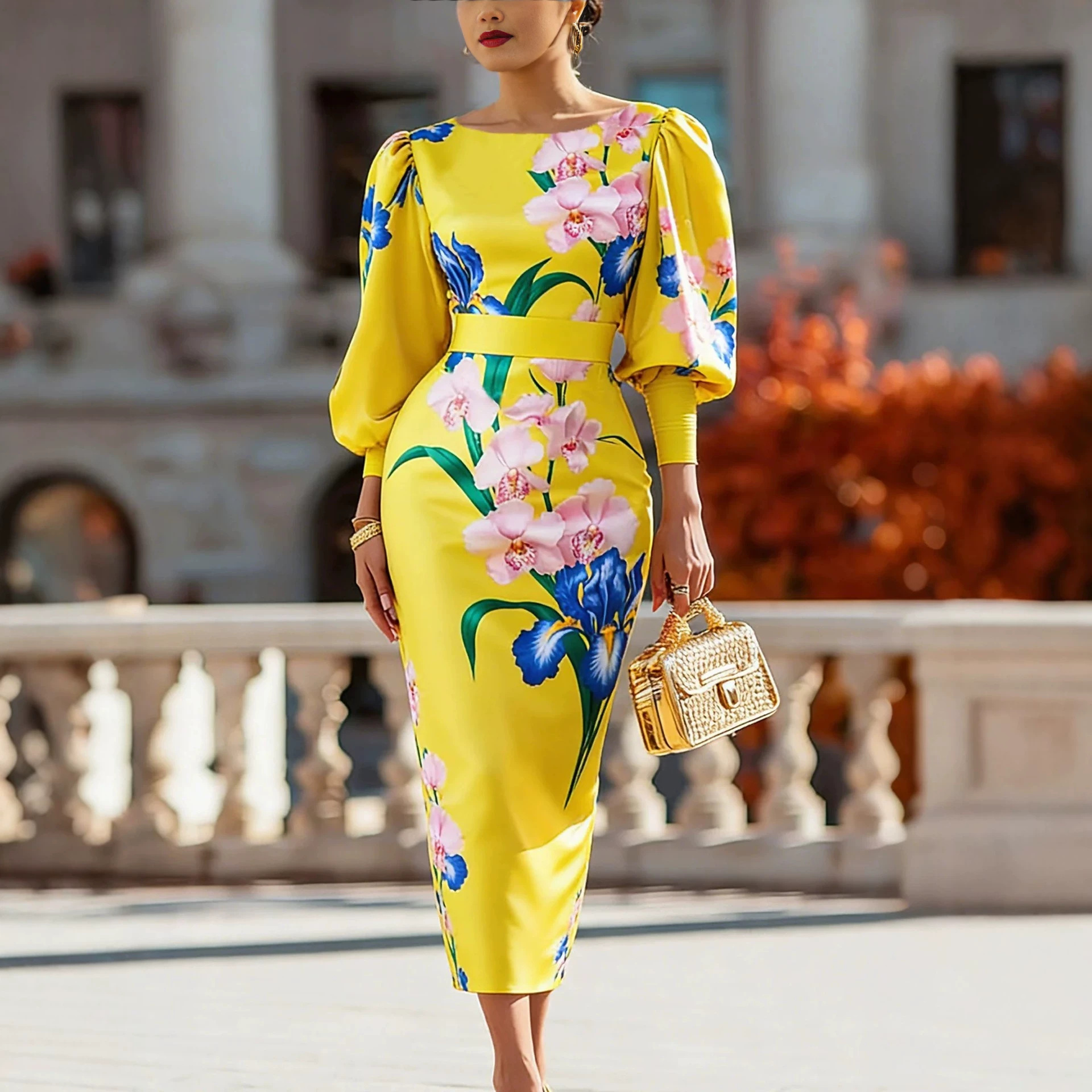 Yellow Floral Print Boat Neck Puff Sleeve Waist-Defining Bodycon Midi Dress