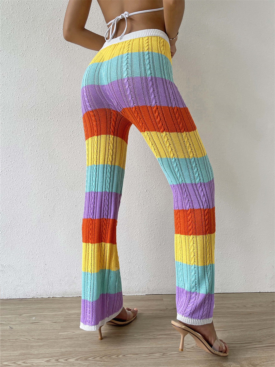 Women's Sheer Open-Knit Colorblock Wide-Leg Pants