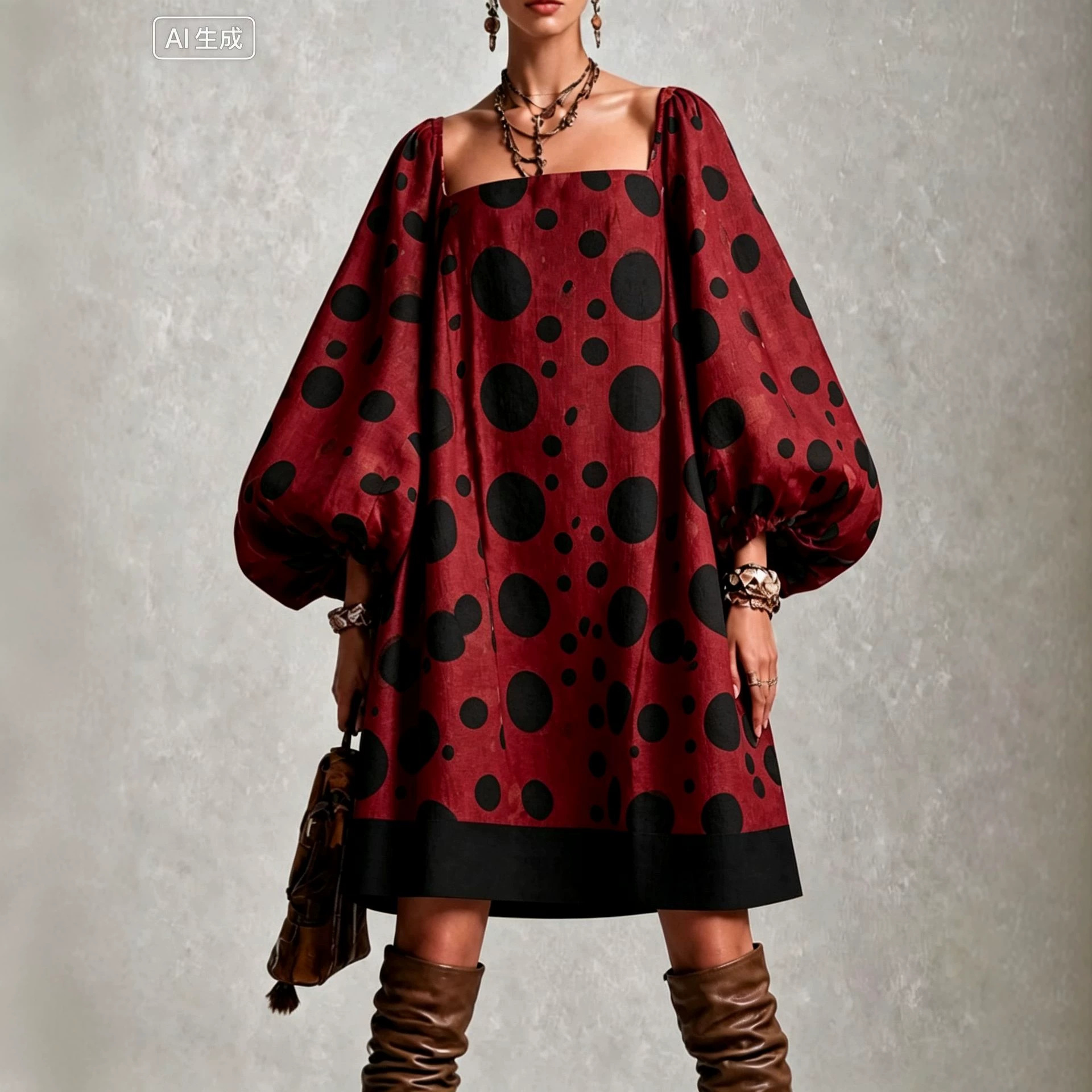 Retro Polka Dot Lantern Sleeve Off-Shoulder Mini Dress