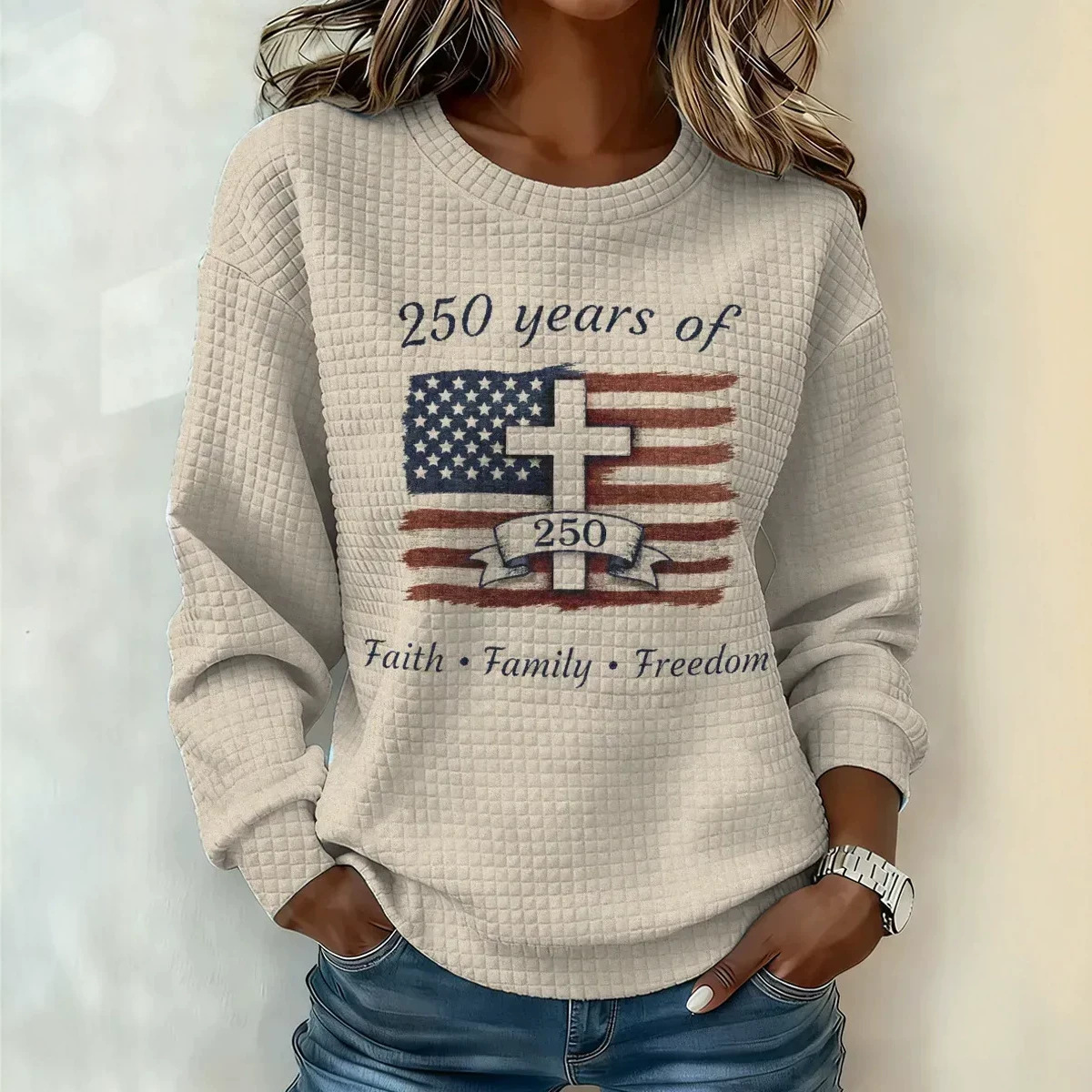 Cross Print Waffle Knit Women's Sweatshirt