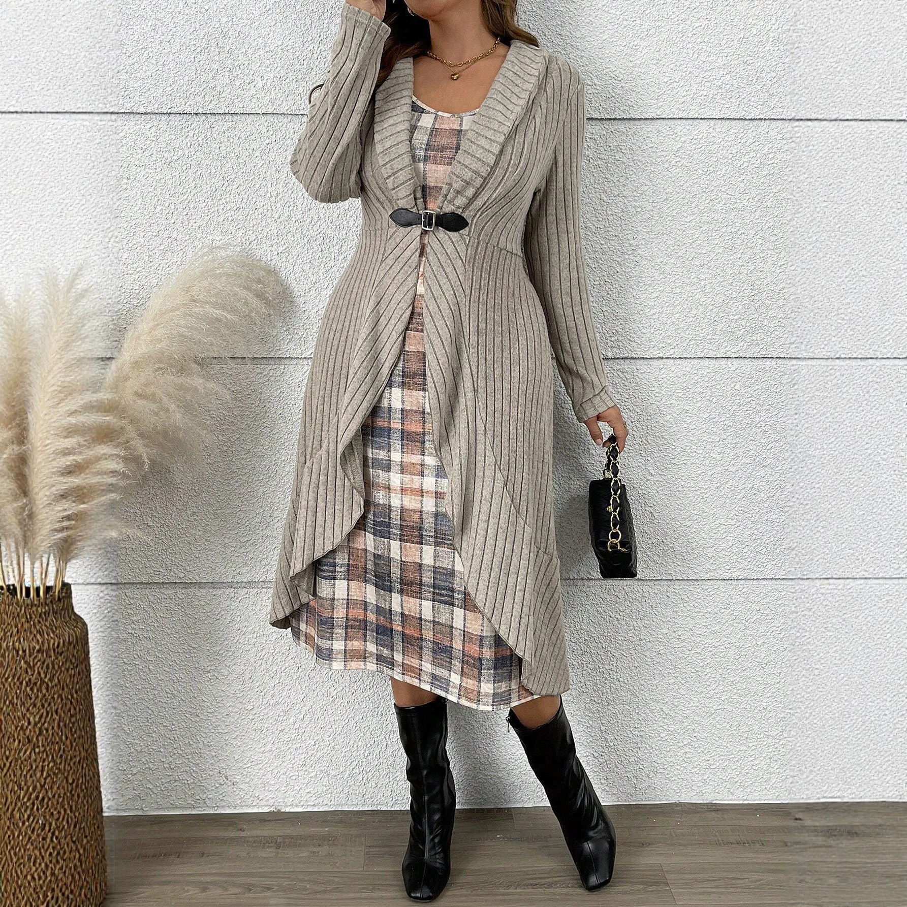 Pleated Long Sleeve Cardigan Trench Coat & Knit Dress Two-Piece Set